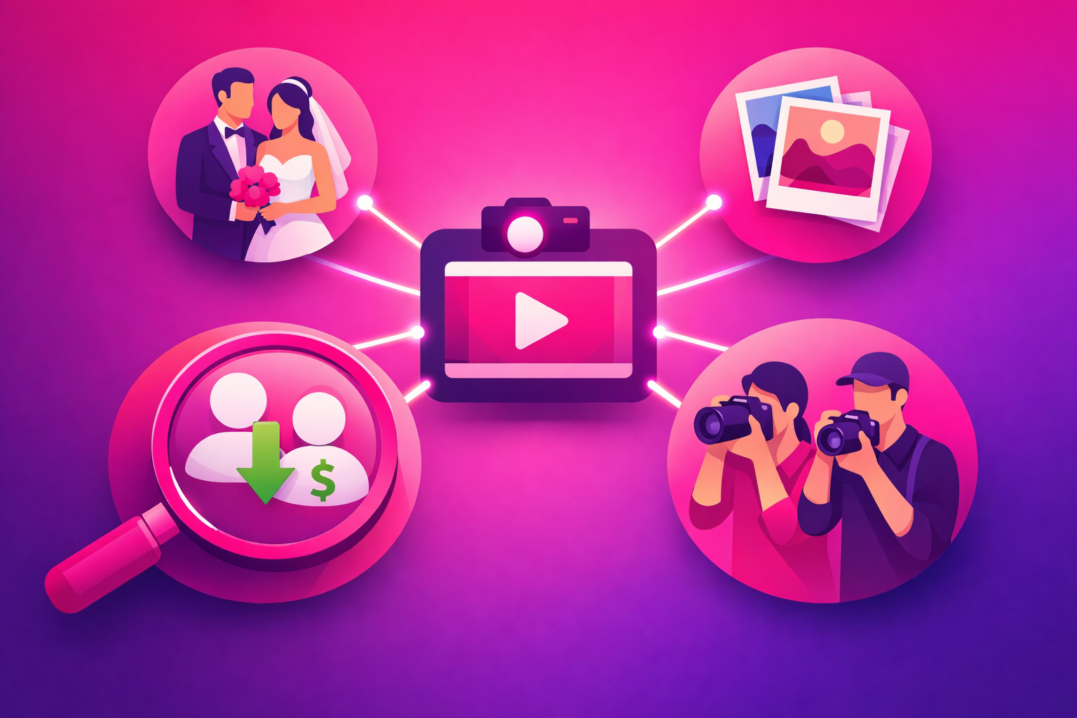 A single photography video at the center connected to several glowing audience-segment bubbles - wedding clients, print buyers, and fellow photographers - with a magnifying glass highlighting the cheapest-converting segment and a small downward cost arrow, on a pink and purple gradient background