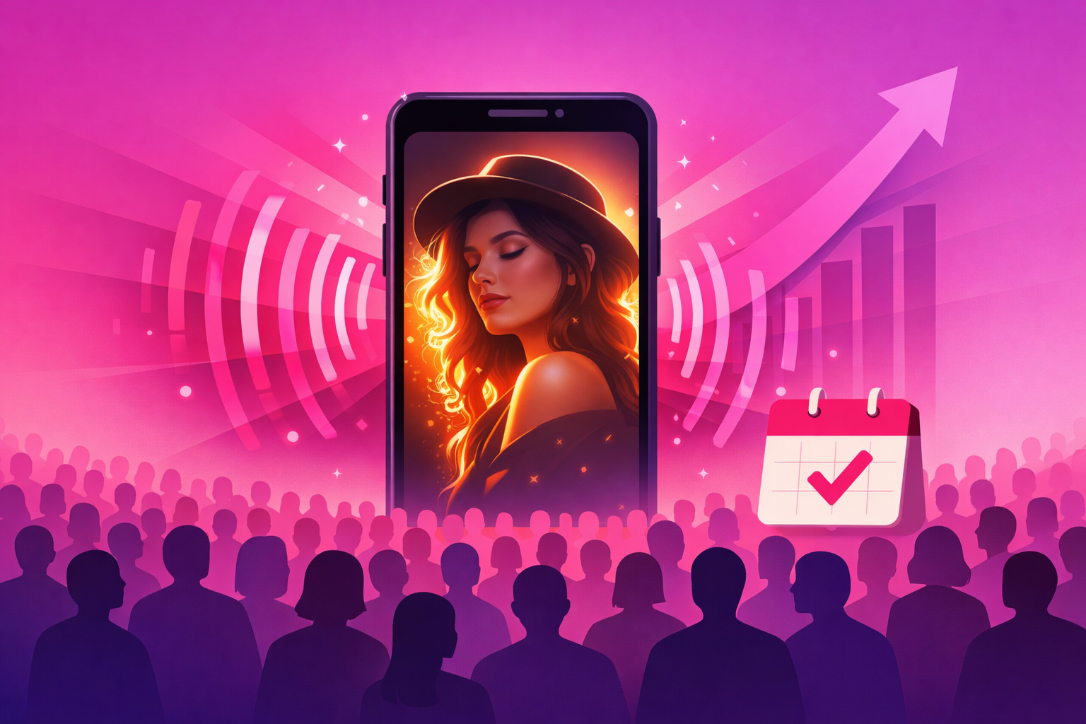 A glowing portrait photograph on a vertical smartphone screen with bright pink and purple amplification waves radiating outward to a large crowd of viewer silhouettes, a rising performance arrow, and a calendar with a checkmark for booked clients, on a pink and purple gradient background