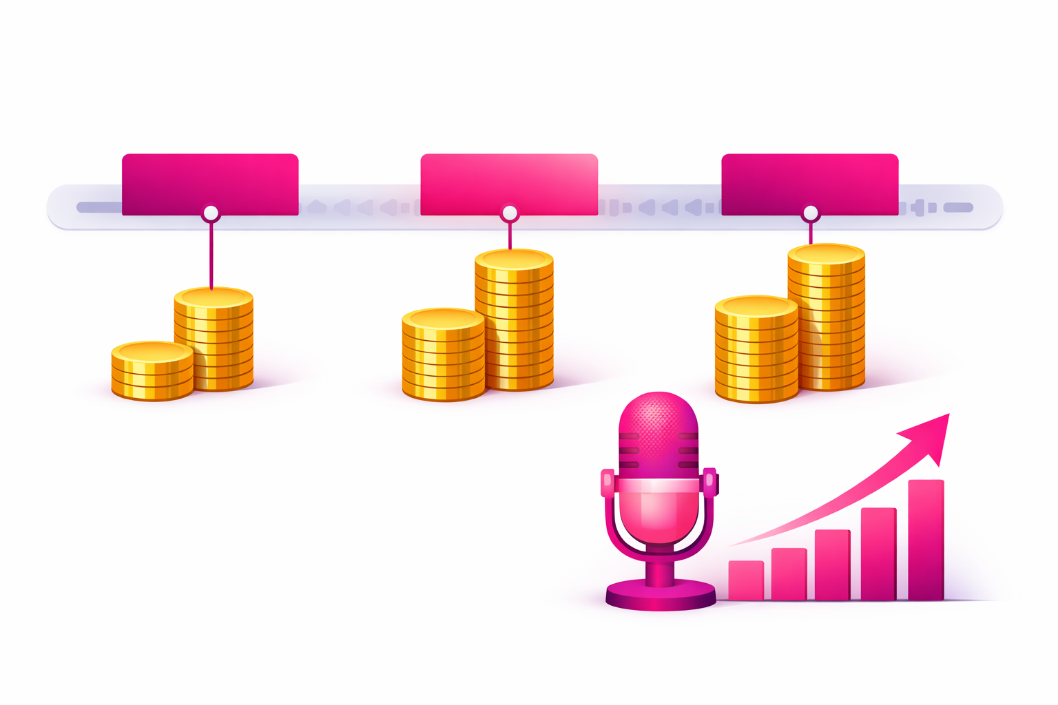 An episode timeline with three highlighted ad slots - pre-roll, mid-roll, and post-roll - each connected to rising stacks of gold coins, beside a pink podcast microphone and an upward growth chart, illustrating how ad slots are priced