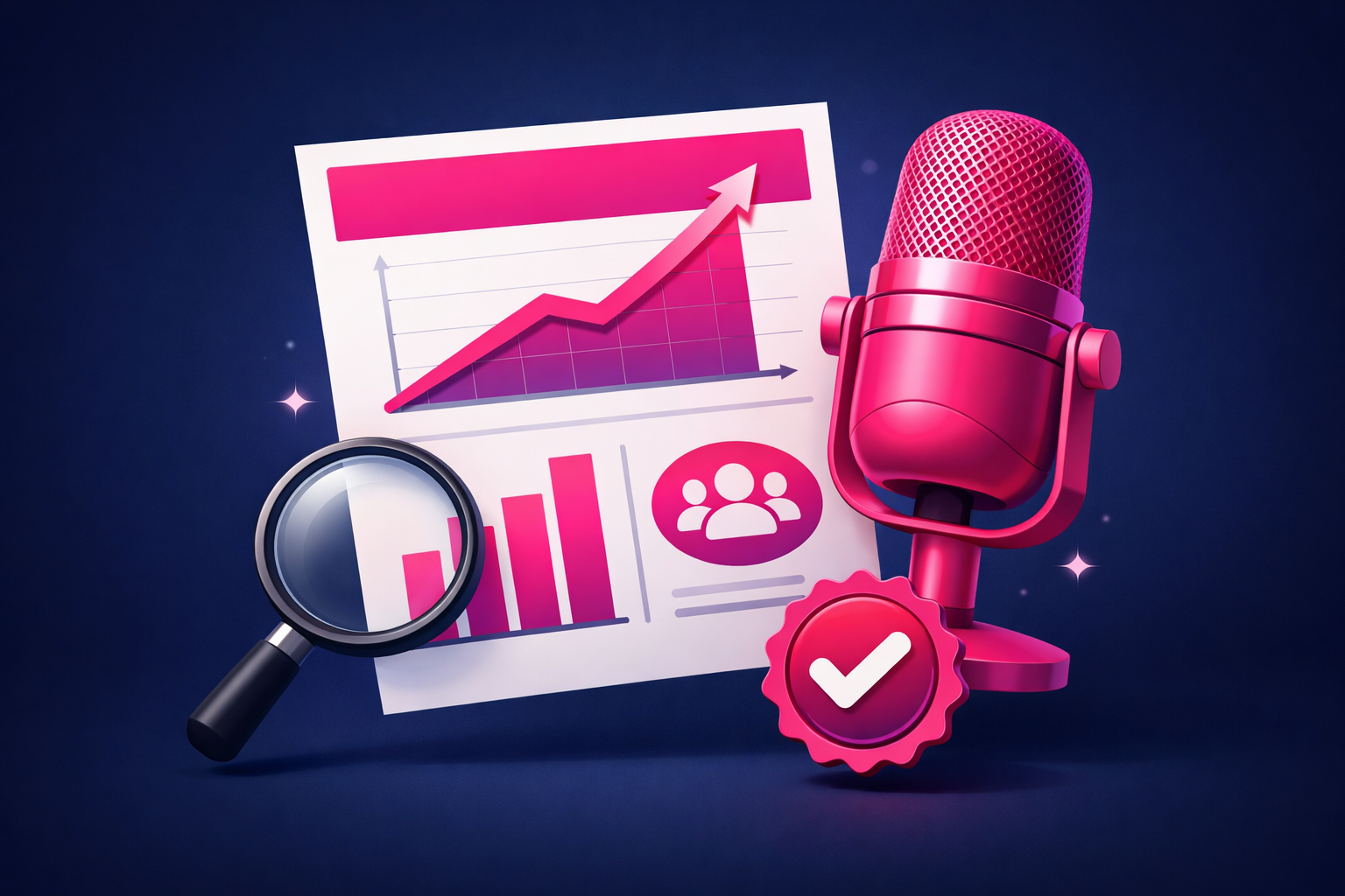 A media kit one-page document showing an upward audience growth line, a downloads bar chart, and an audience icon, with a magnifying glass and a green approval checkmark badge beside a pink podcast microphone on a deep navy background