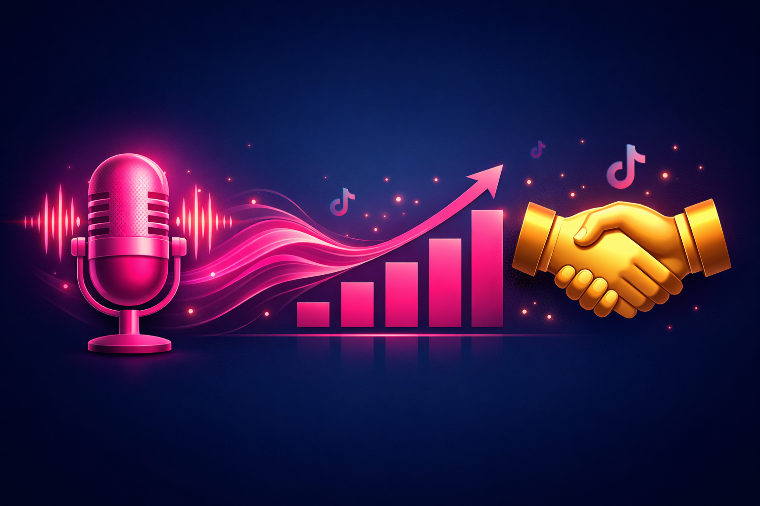 A pink podcast microphone with sound waves flowing into a rising bar chart of downloads that transforms into a golden sponsorship handshake, surrounded by TikTok note icons on a deep navy background