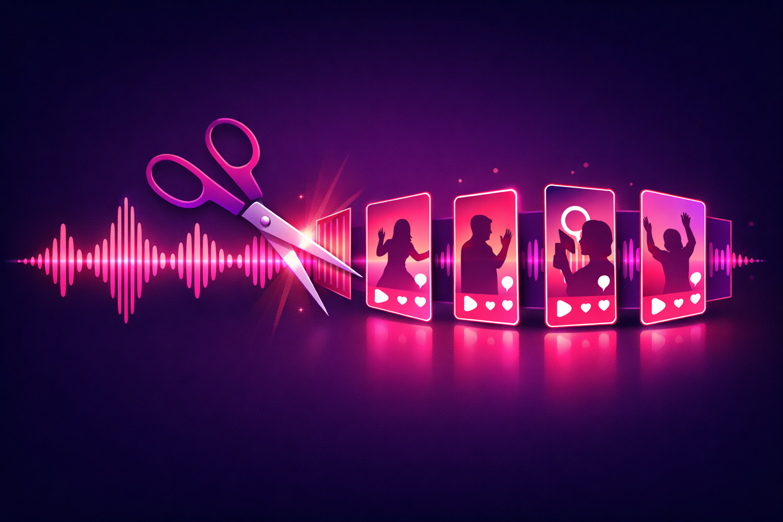 A podcast audio waveform being cut into multiple glowing segments, each segment transforming into its own vertical video clip card, illustrating how one episode becomes many TikTok clips, in a magenta and purple flat illustration style