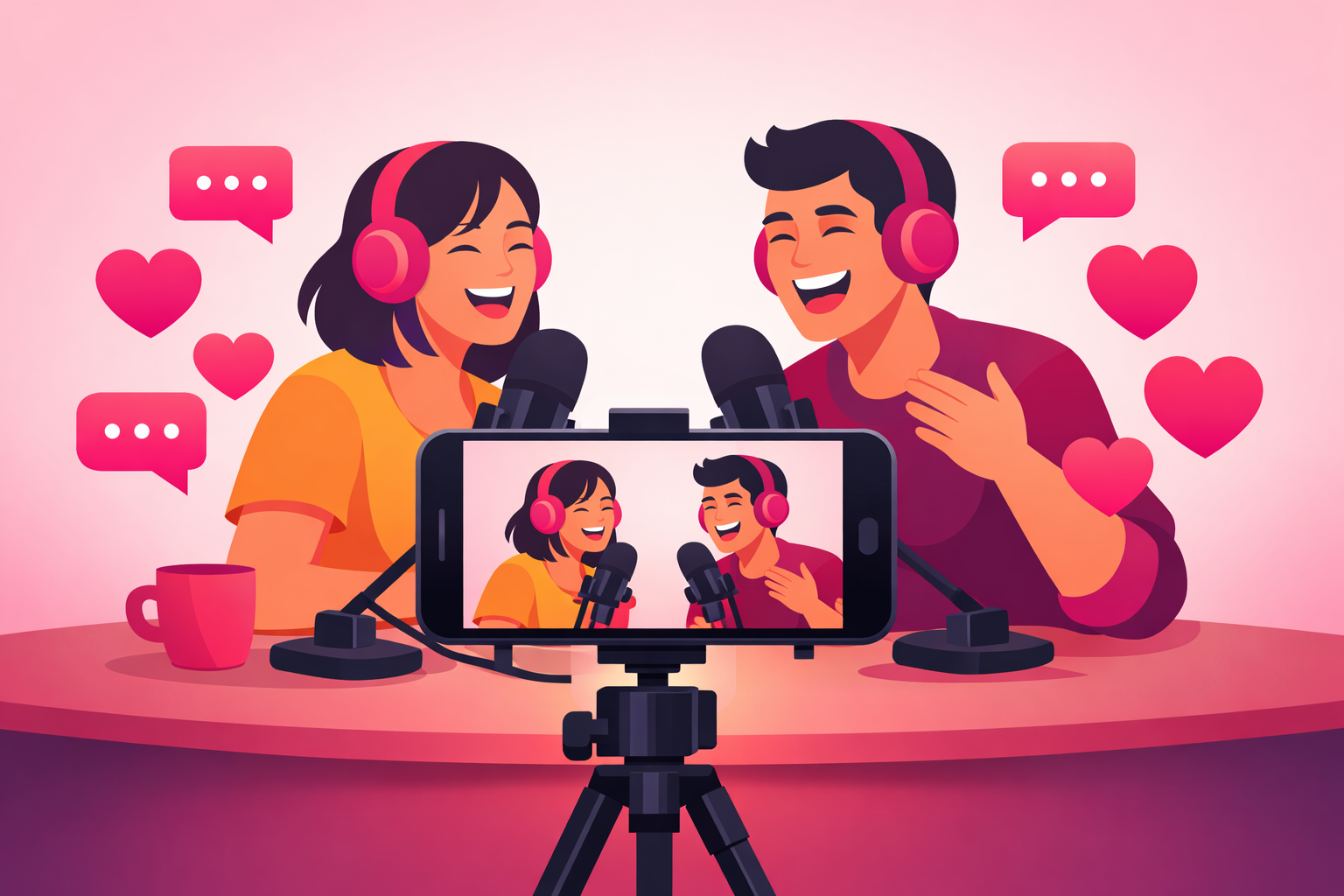 Two podcast hosts laughing together at a recording table while a phone on a tripod films them, surrounded by floating heart and comment bubble icons, illustrating chemistry-driven podcast clips, in a warm flat illustration style with pink accents