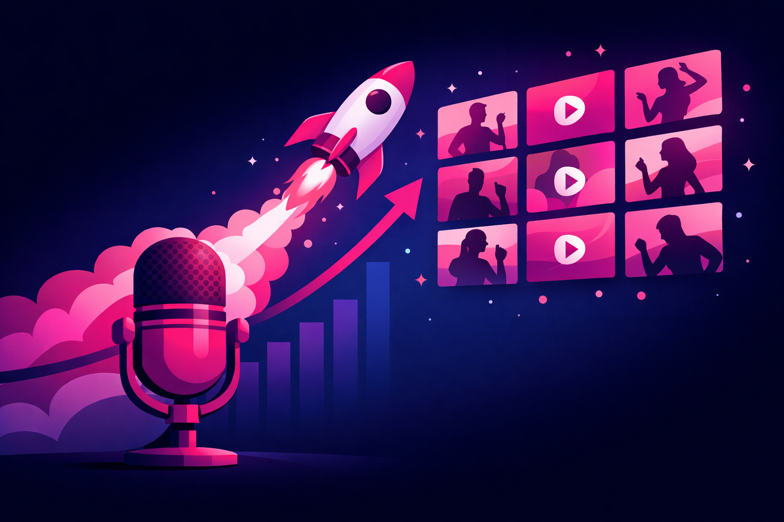 A rocket launching from a podcast microphone toward a sky filled with a grid of vertical video thumbnails, with a rising growth chart line in the background, illustrating podcast growth through TikTok clips, in a magenta and deep blue flat illustration style