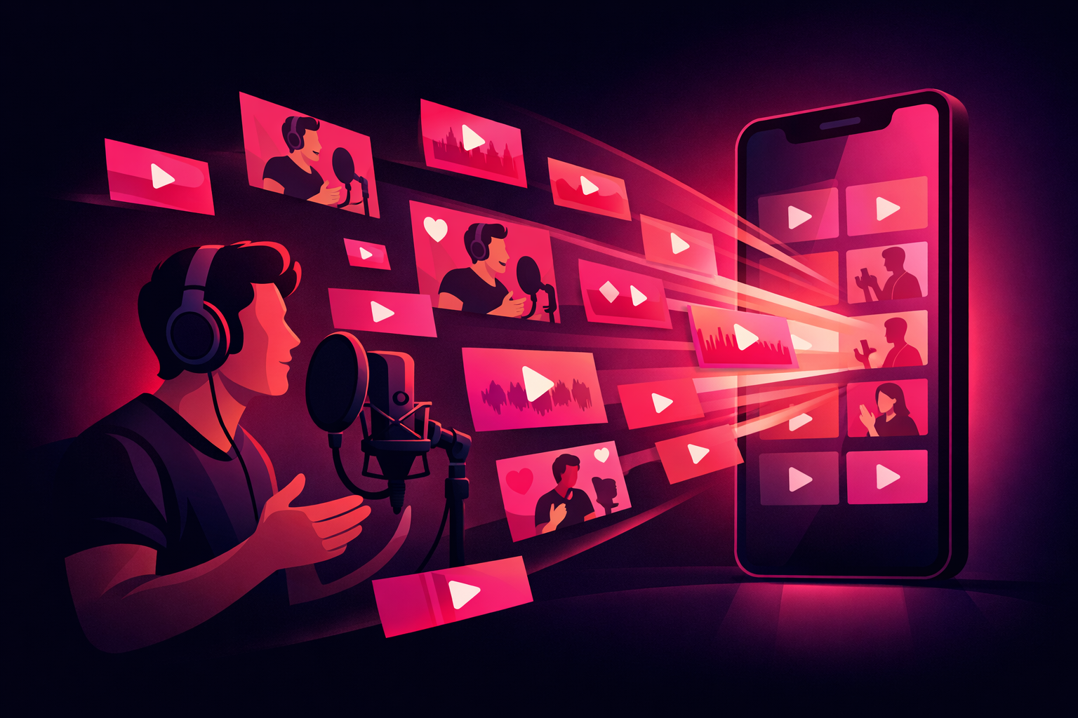 A podcaster speaking into a studio microphone while dozens of video clip cards fly outward toward a vertical phone screen, illustrating one recording becoming many TikTok clips, on a dark background with magenta and pink gradient accents