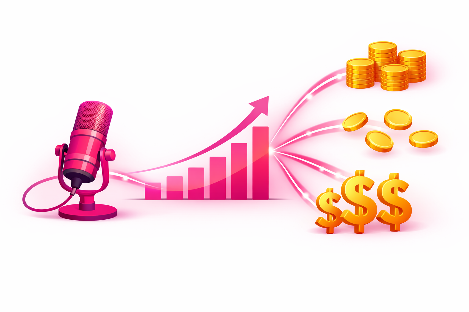 A pink podcast microphone connected to a rising bar chart with an upward arrow that branches into stacks of gold coins and dollar signs, illustrating how a growing TikTok audience lifts podcast downloads and multiple income streams, on a light background
