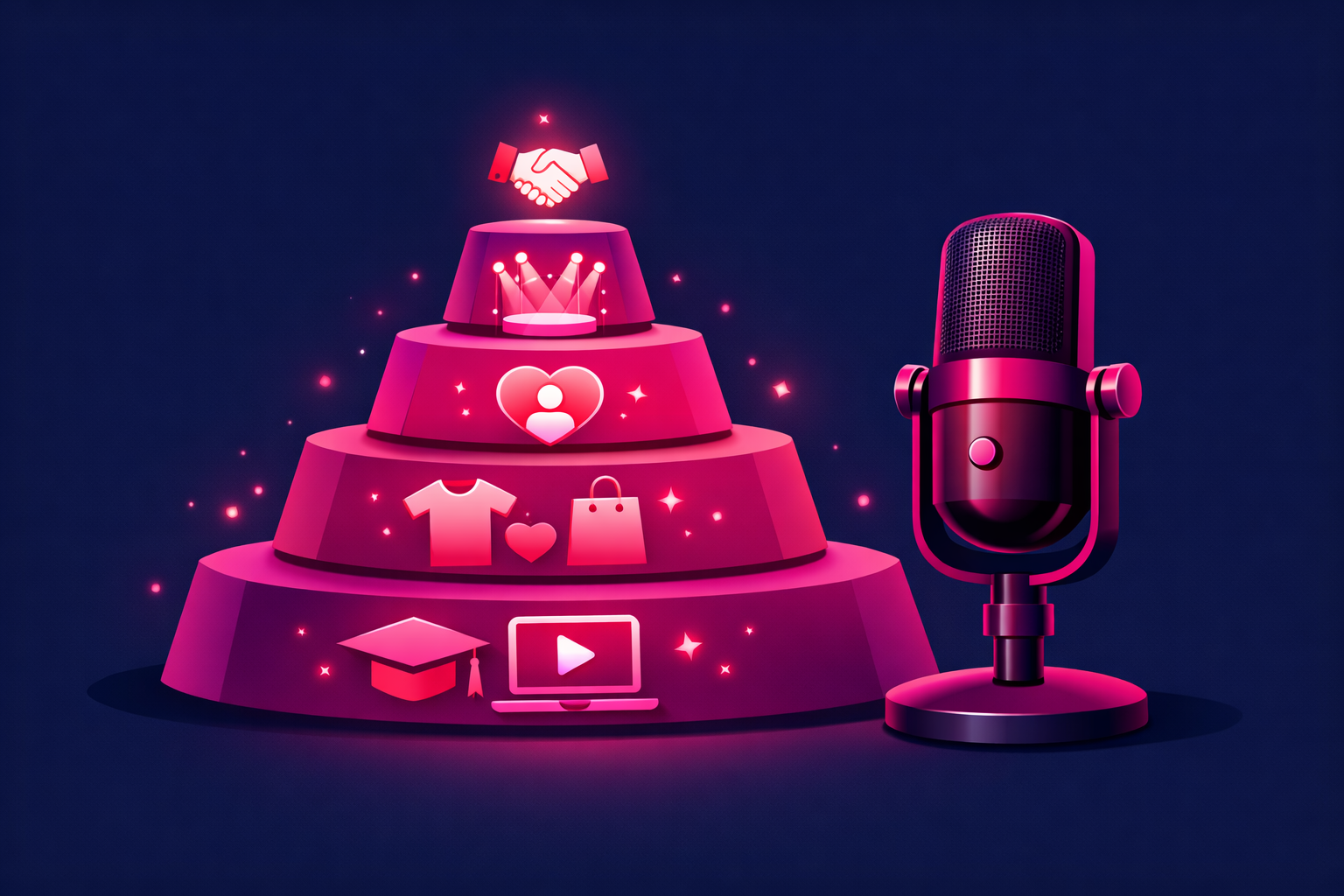 A layered pyramid of podcast revenue tiers with glowing icons for courses, merch, memberships, and brand deals from base to peak, standing beside a pink podcast microphone on a deep navy background, illustrating the podcast income stack