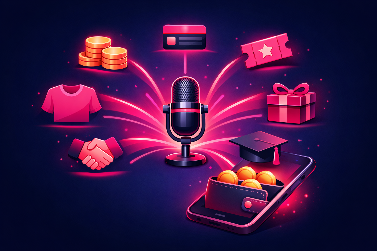A podcast microphone surrounded by seven glowing revenue-stream icons - gold coins, a membership card, an event ticket, a t-shirt, a brand-deal handshake, a gift box, and a graduation cap - flowing into a smartphone wallet, on a deep navy background in magenta and pink