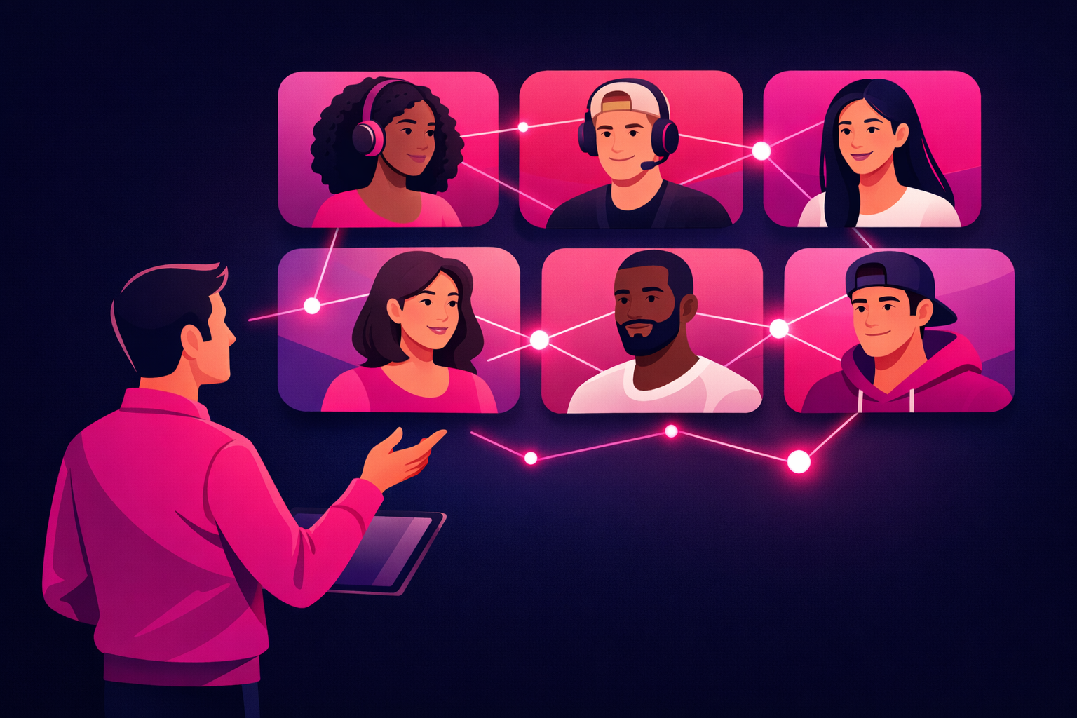 A coach presenting to a connected grid of diverse participants arranged like a video call, with glowing lines linking them, illustrating a group coaching cohort sold through TikTok
