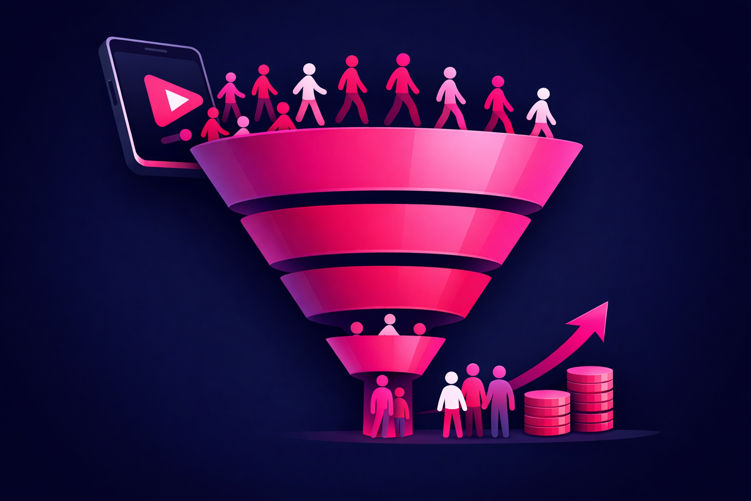 A funnel showing many viewers entering from a smartphone at the top and narrowing through stages to a few enrolled students beside coins and a growth arrow, illustrating a TikTok program launch converting viewers into buyers
