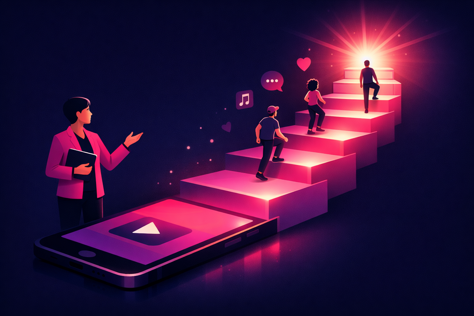 A coach beside an ascending staircase of glowing platforms as followers climb from a smartphone toward a bright summit, illustrating the product ladder for selling coaching programs on TikTok