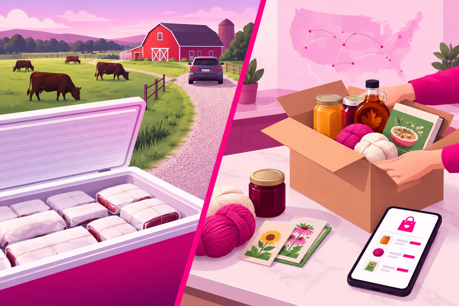A split illustration: on the left an open chest freezer of butcher-paper-wrapped beef beside a pasture of grazing cattle, a red barn, and a car arriving down a gravel driveway; on the right a kitchen counter where jars of honey, jam, and maple syrup, skeins of wool, seed packets, and a small cookbook are being packed into a shipping box next to a smartphone showing a product listing, with a faint map of the United States behind