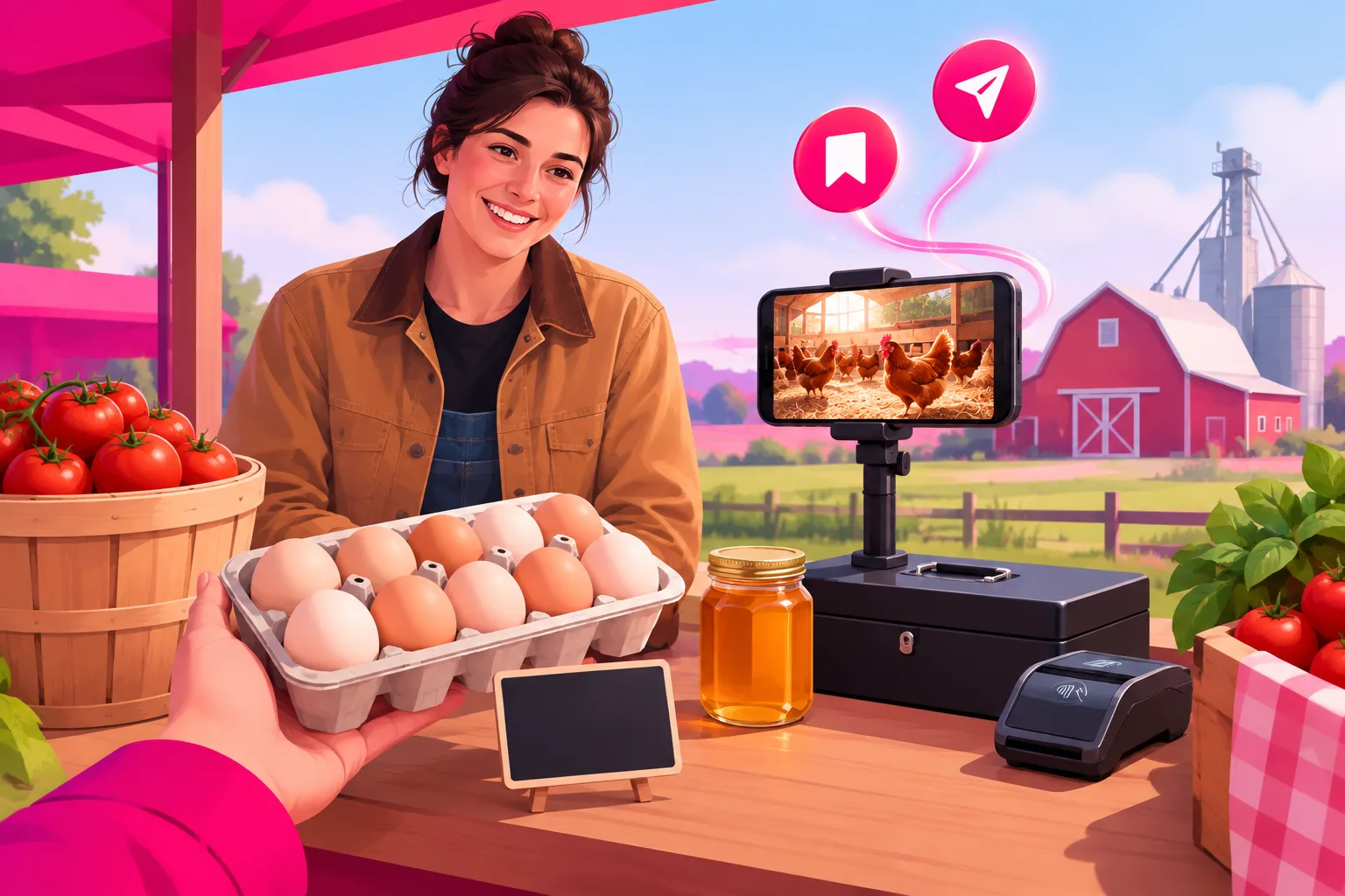 An illustration from the customer side of a roadside farm stand: a hand holding a carton of eggs beside a blank price tag, a smiling young farmer in a canvas jacket behind the table, a smartphone on a clamp playing a video of hens in a sunny henhouse with bookmark and paper-airplane icons rising from it, a basket of tomatoes and a jar of honey on the table, and a red barn and grain elevator in the distance