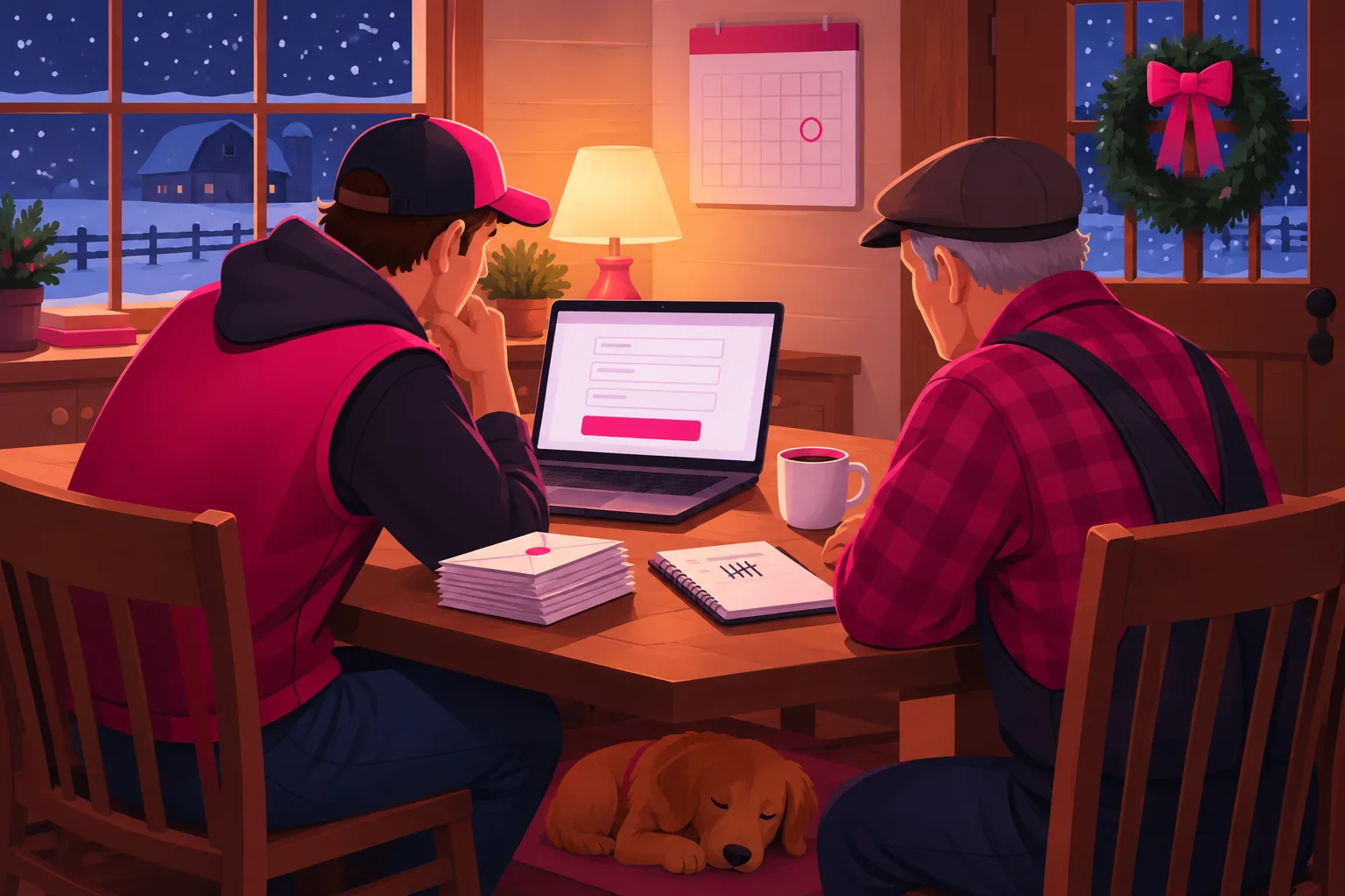 An illustration of a farmhouse kitchen on a December night: a young farmer and an older farmer in a feed cap at a wooden table with a laptop showing a blank order form, a pile of sealed envelopes and a notebook, a wall calendar with a circled day, a wreath on the door, snow outside the window, a mug of coffee, and a dog asleep under the table