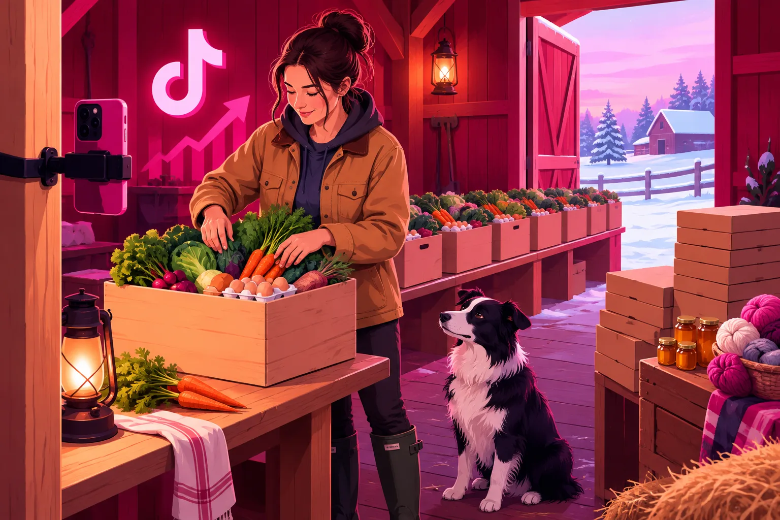 An illustration of a young farmer in a canvas work jacket packing a wooden CSA share box with vegetables, eggs, and carrots on a barn workbench in winter, a smartphone clamped to a post filming the packing, a row of filled share boxes lined up behind her, a stack of small flat shipping boxes with honey jars and skeins of wool to one side, and a border collie at her feet with snow visible through the open barn door