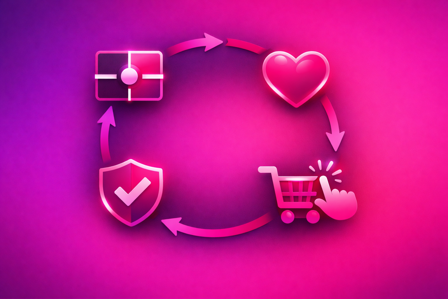 A circular loop of four glowing icons - a before-and-after edit reveal, a heart for desire, a trust shield with a checkmark, and a shopping cart with a tapping finger - connected by flowing arrows, illustrating the Proof-to-Purchase Loop on a pink and purple gradient