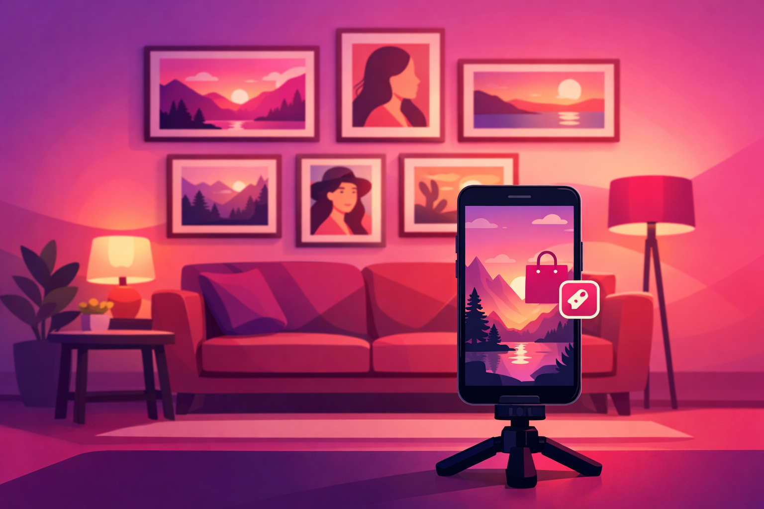 A cozy living room with a glowing gallery wall of framed landscape and portrait prints and a smartphone on a tripod in the foreground showing one of the prints in a vertical video with a shopping bag and price tag, on a pink and purple gradient