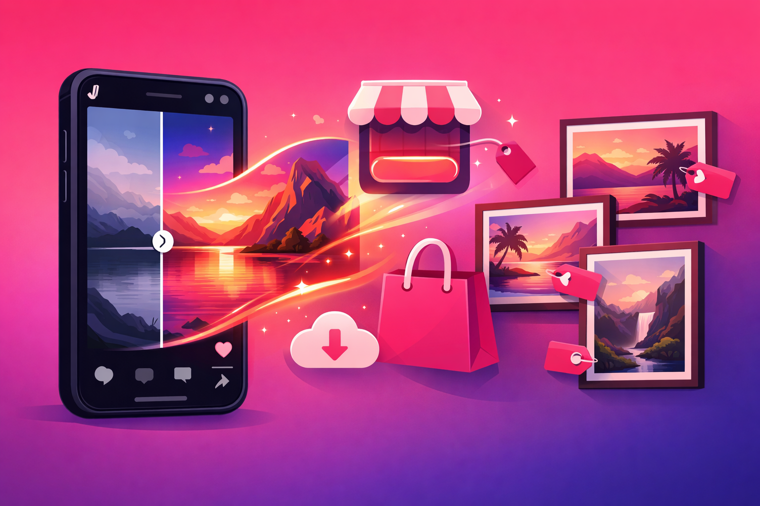 A photographer's smartphone showing a vertical TikTok video with a before-and-after photo edit slider flowing into a digital storefront button, a shopping bag, a download icon, and a wall of framed prints with price tags, on a pink and purple gradient