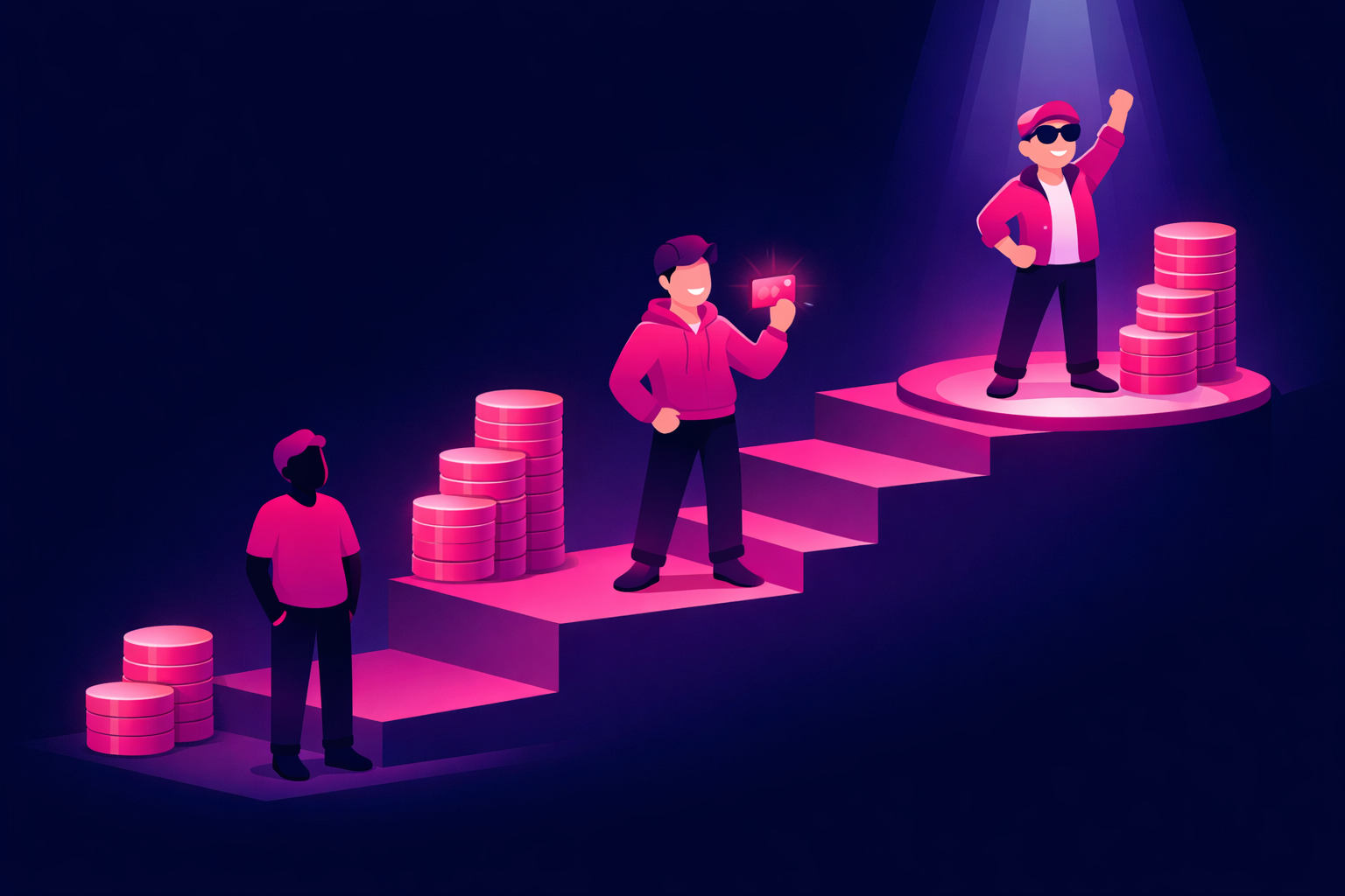 A rising three-step staircase showing a free-listener figure at the bottom, a member figure holding a glowing membership card in the middle, and a superfan figure celebrating on a spotlit stage at the top, with ascending stacks of coins beside each step on a deep navy background