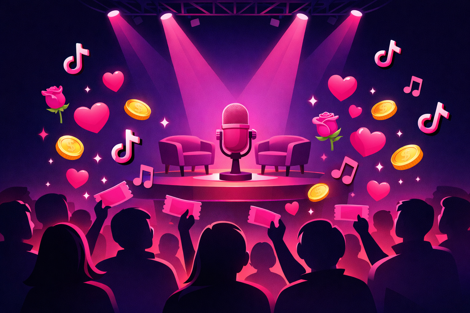 A spotlit live podcast stage with a pink microphone and two chairs, an audience of glowing fan silhouettes holding tickets, and floating LIVE gift icons like hearts, roses, and coins rising toward the stage on a deep navy background