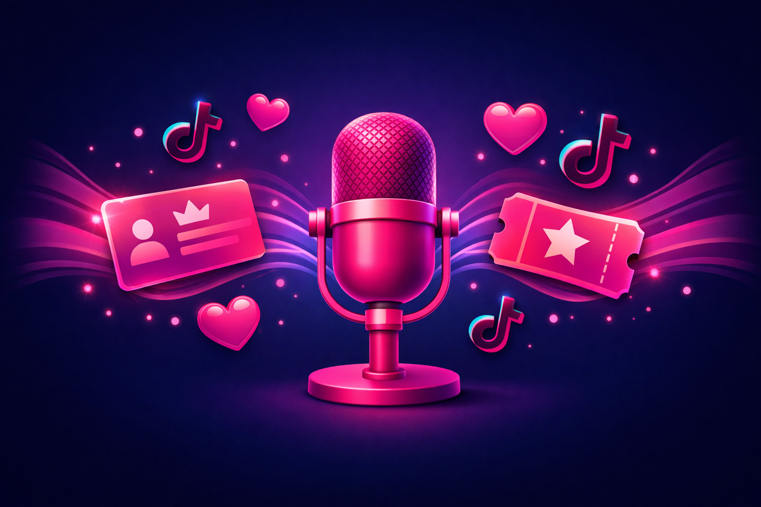 A pink podcast microphone with sound waves flowing into a glowing membership card on the left and a star-marked live-show ticket on the right, surrounded by superfan heart icons and TikTok note icons on a deep navy background