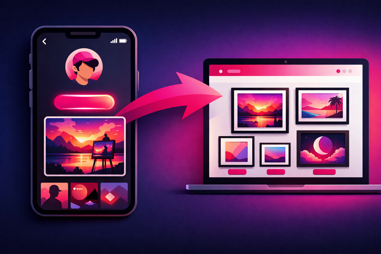 A TikTok profile screen on a phone showing a creator avatar, a prominent shop-link button, and a pinned artwork video, with an arrow flowing to an online storefront displaying framed art prints for sale