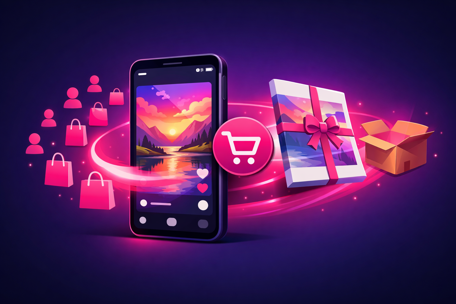 A smartphone playing an art process video of a finished painting with a glowing shopping-cart button, the painting transforming into a wrapped print and shipping box, and follower silhouettes turning into shopping bags, on a pink and magenta gradient background