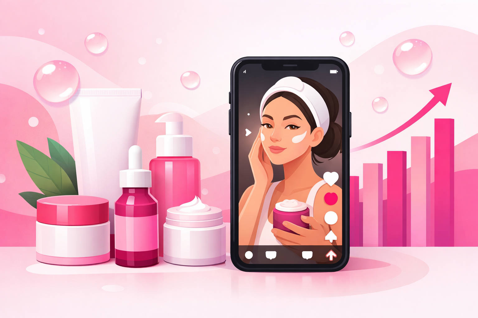 Skincare products arranged with a TikTok phone screen showing a skincare routine video and a growth chart