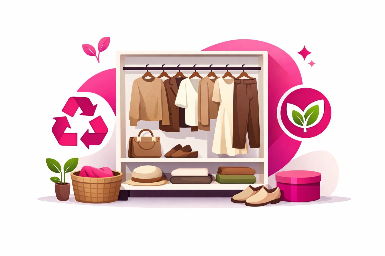 Capsule wardrobe concept showing a minimal closet with curated sustainable clothing in neutral earth tones