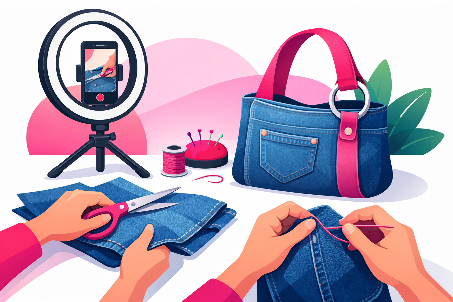 Fashion creator filming an upcycling tutorial turning old jeans into a trendy bag with ring light and sewing tools