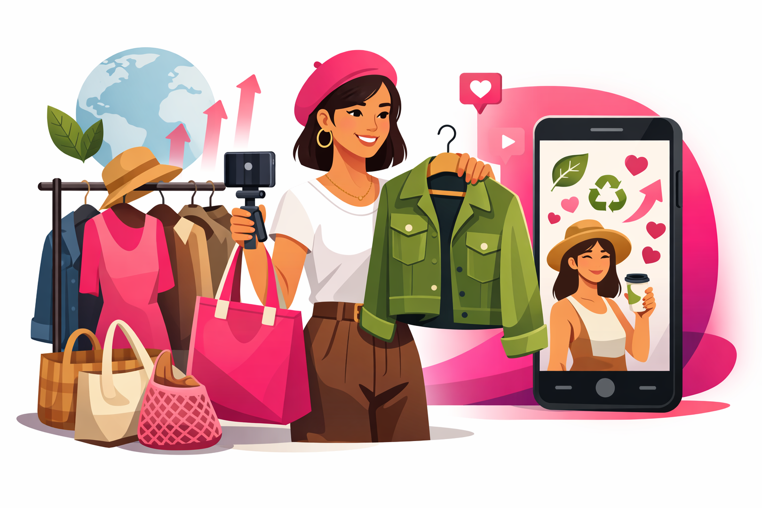 Sustainable fashion creator on TikTok showing thrifted vintage clothing with eco-friendly content on smartphone