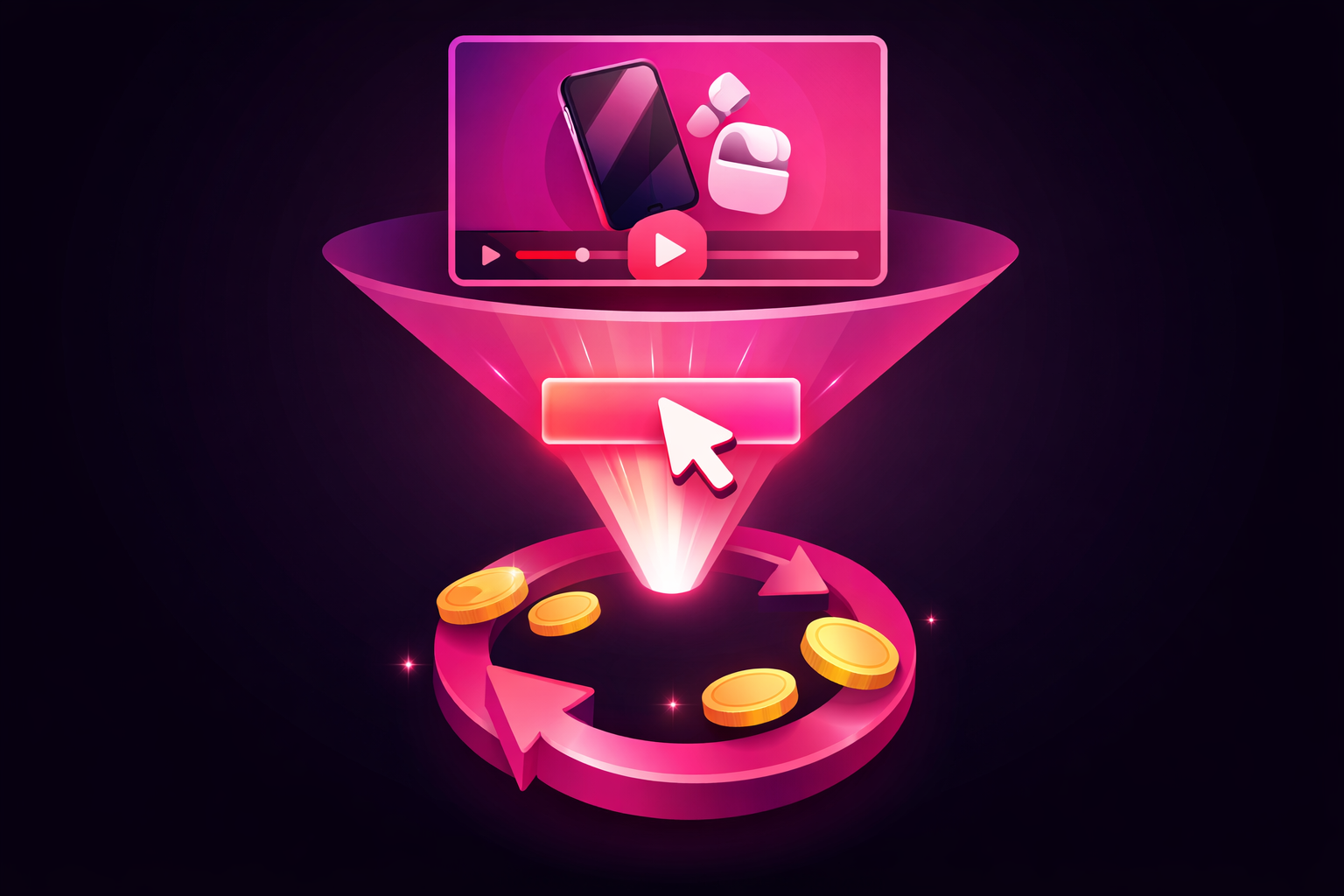 A flat illustration of an affiliate revenue funnel showing a tech product review video flowing down through a click on an affiliate link into a circular loop of recurring monthly commissions represented by rotating arrows and coins, in pink and purple gradient tones