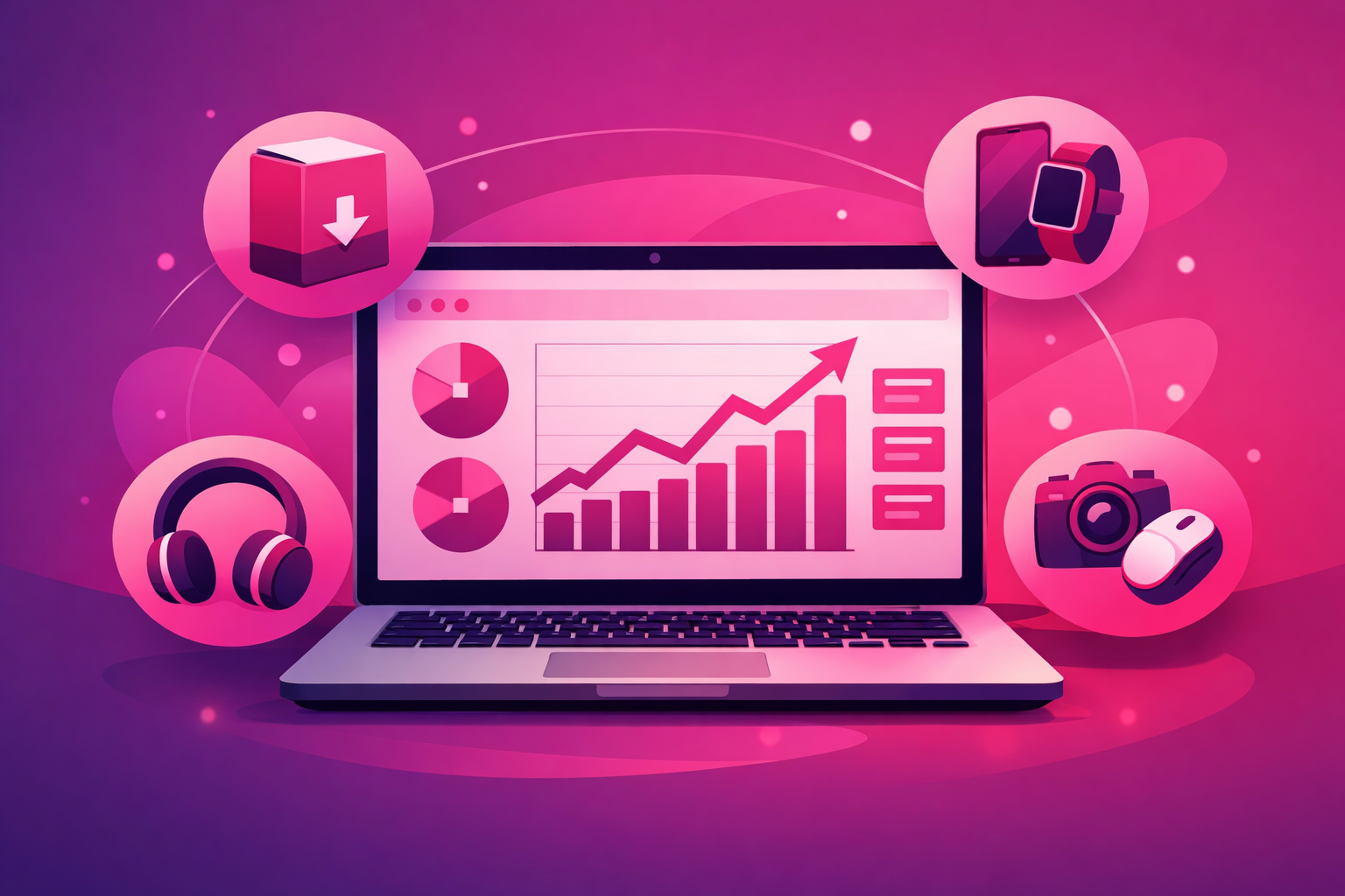 A flat illustration of a tech creator's affiliate earnings dashboard on a laptop showing upward-trending commission charts, surrounded by floating product-category icons for software, gadgets, and peripherals, in pink and magenta gradient tones