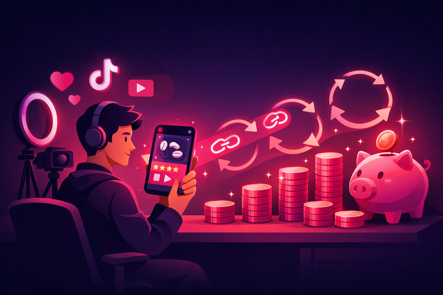 A flat illustration of a tech creator at a desk holding a smartphone displaying a product review, with affiliate link icons and recurring-revenue arrows flowing into a stack of coins and a piggy bank, in pink and magenta gradient tones