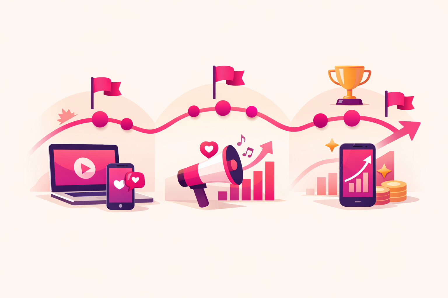 A flat illustration of a 90-day tech creator growth roadmap with three milestone flags, a megaphone, and a smartphone showing rising charts