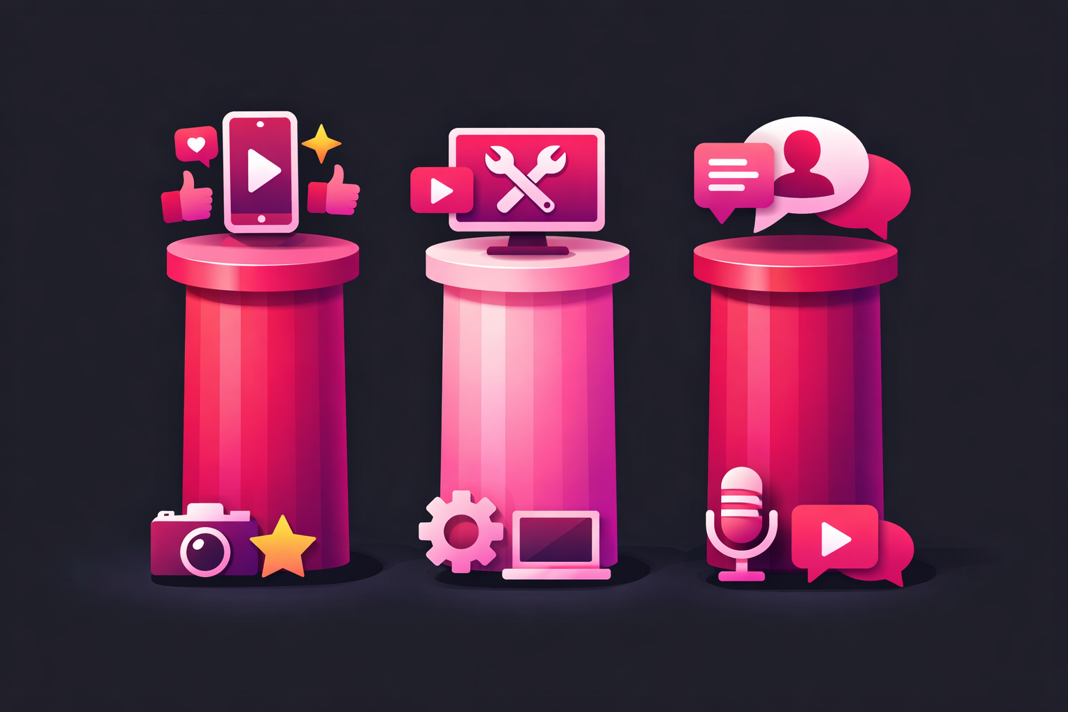 A flat illustration showing three content pillars for tech creators as pink columns with icons representing tutorials, reviews, and commentary