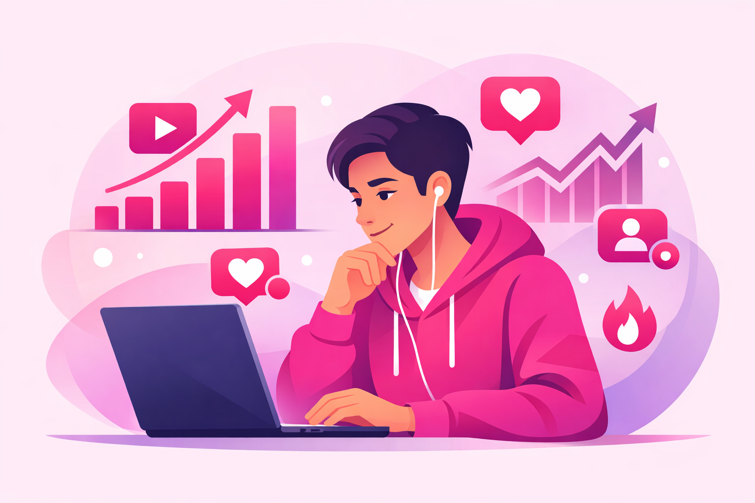 A warm illustration of a tech creator at a laptop reviewing growth metrics, with charts and engagement icons in pink and lavender tones