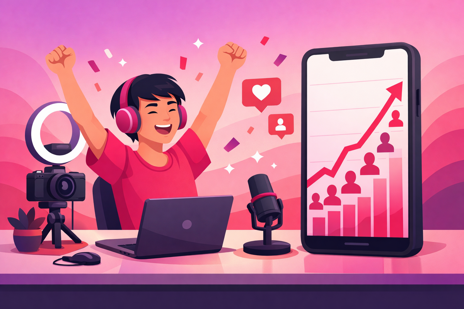 A warm flat illustration of a tech creator at a desk celebrating subscriber growth, with a smartphone showing a rising follower count chart in pink and purple tones