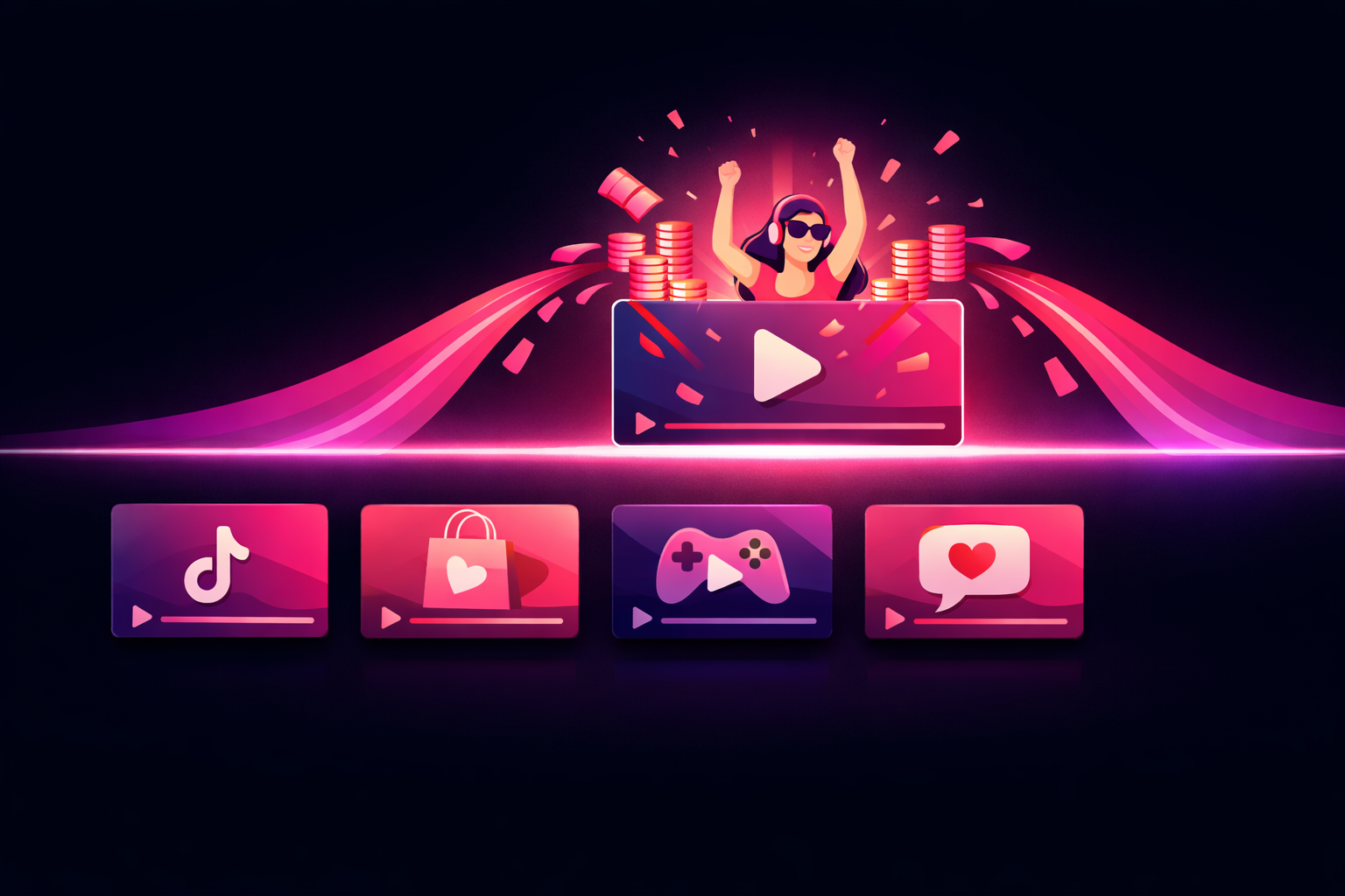 A flat illustration showing selective amplification, with several tech video thumbnails in a row and one clip rising above a glowing momentum-threshold line as a budget stream flows only into the winning clip, in pink and purple gradient tones
