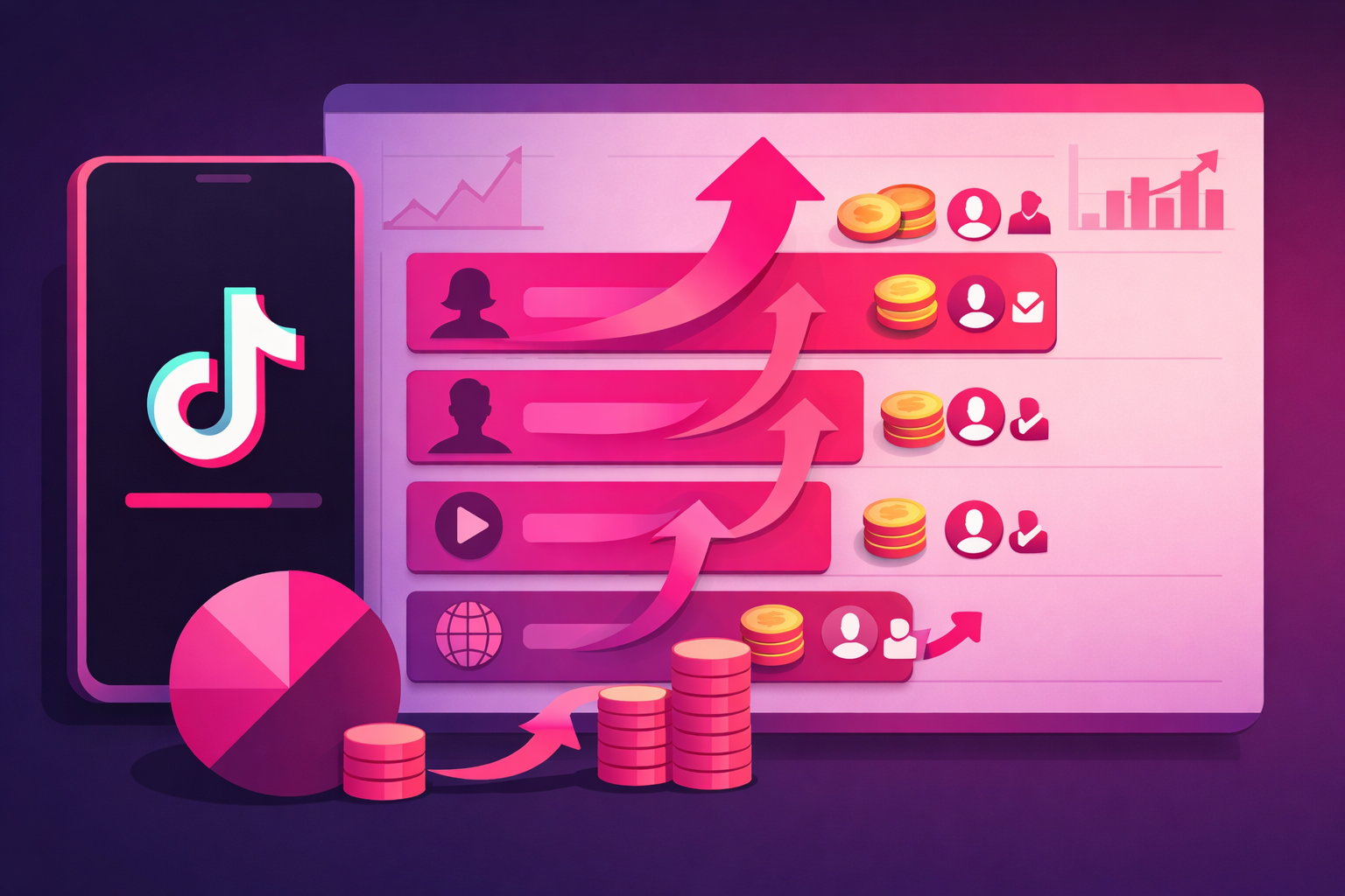 A flat illustration of a TikTok ads dashboard auto-shifting budget toward the best-performing audience segments, with budget arrows redistributing across segment bars and cost-per-follower indicators, in pink and magenta gradient tones