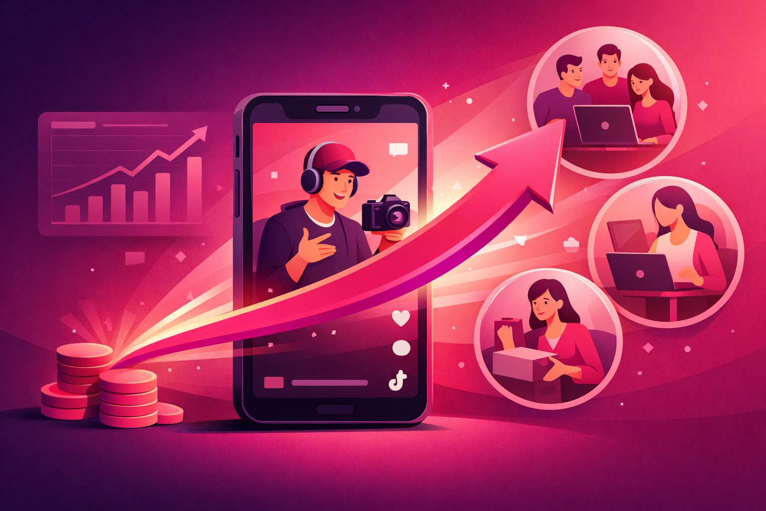 A flat illustration of a tech creator's review video on a smartphone being amplified outward by a budget arrow toward multiple audience segments, with an upward performance chart in the background, in pink and magenta gradient tones