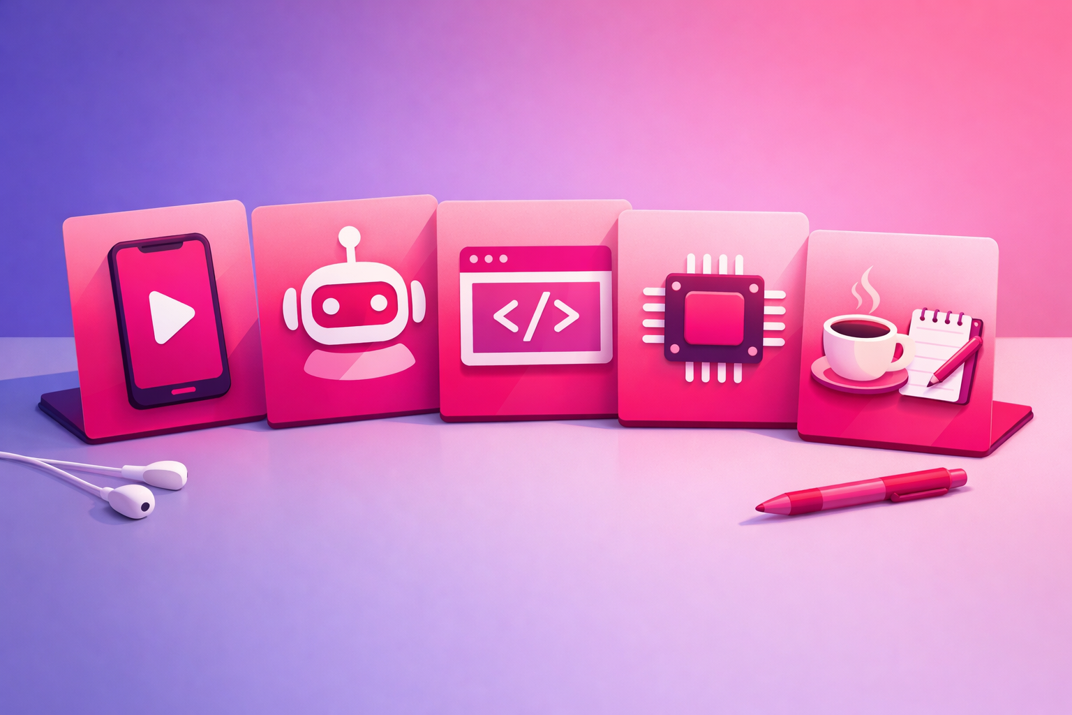 Five tech content category cards arranged on a desk: a smartphone for mobile reviews, a robot for AI, a window with code for software demos, a CPU chip for hardware, and a coffee cup with a notepad for productivity