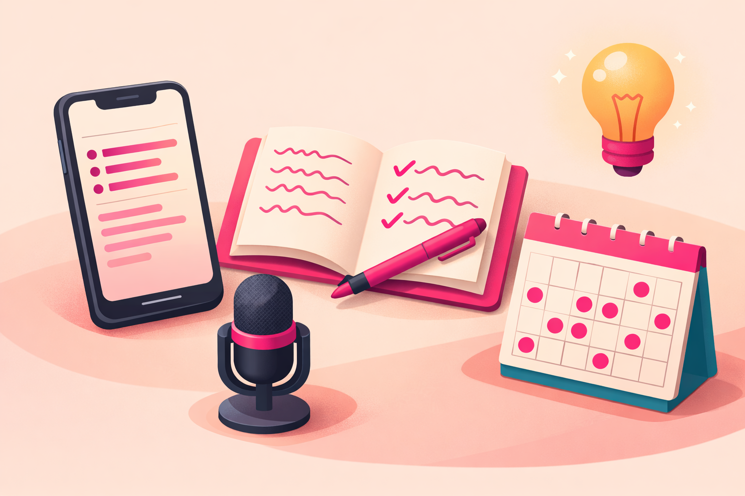A content idea capture system showing a smartphone with notes, an open notebook with handwritten notes, a microphone for voice memos, a calendar grid with posting days marked, and a floating lightbulb