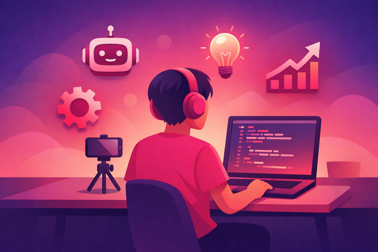 A warm flat illustration of a tech creator at a desk with a smartphone on a tripod, a laptop showing a code editor, and floating icons for AI, gears, a lightbulb, and a growth graph