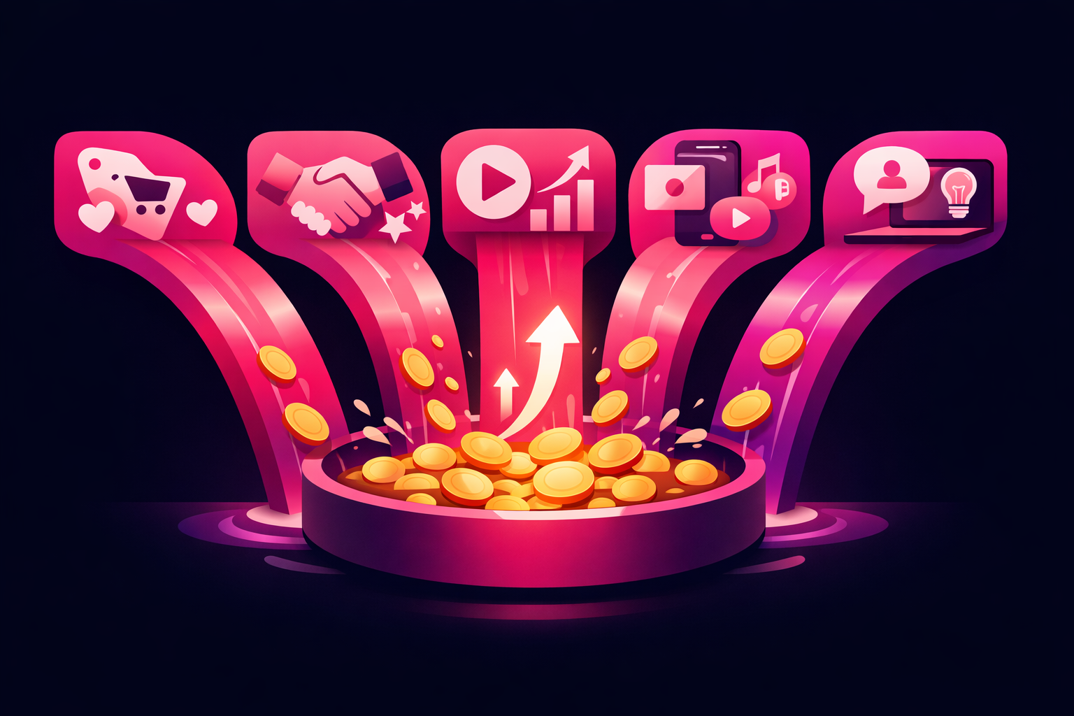 A flat illustration showing five distinct tech monetization channels flowing into a central revenue pool: affiliate marketing, brand deals, Creator Rewards, digital products, and consulting, in pink and purple gradient tones