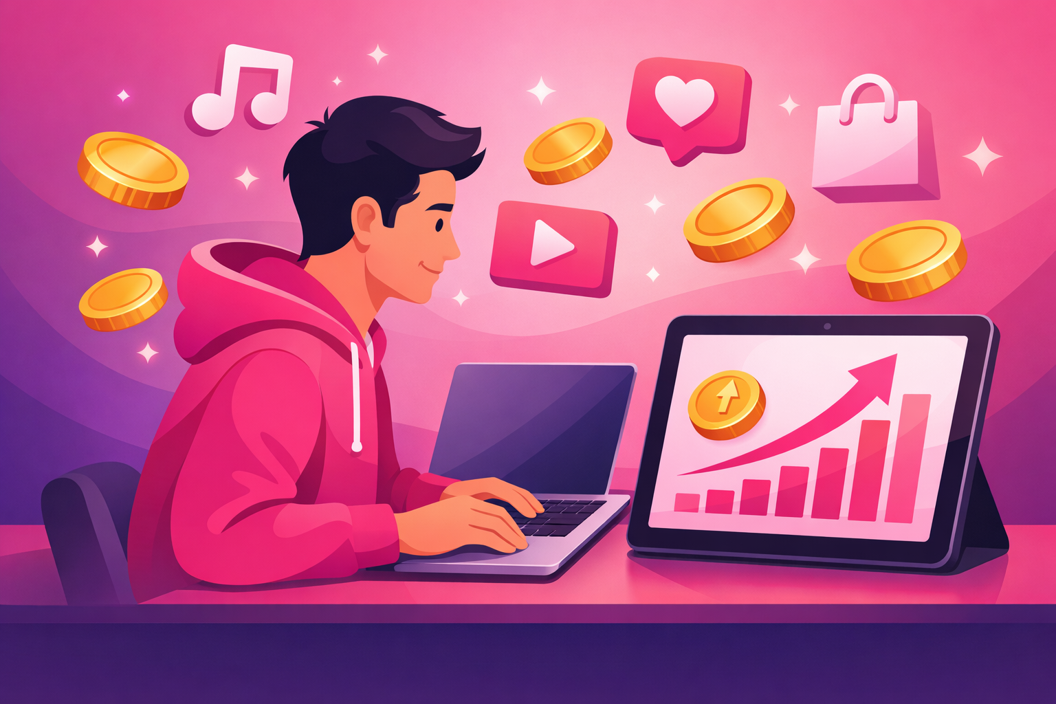 A flat illustration of a tech creator at a laptop reviewing revenue analytics on a tablet showing upward-trending charts, surrounded by floating coins and product icons in pink and purple tones