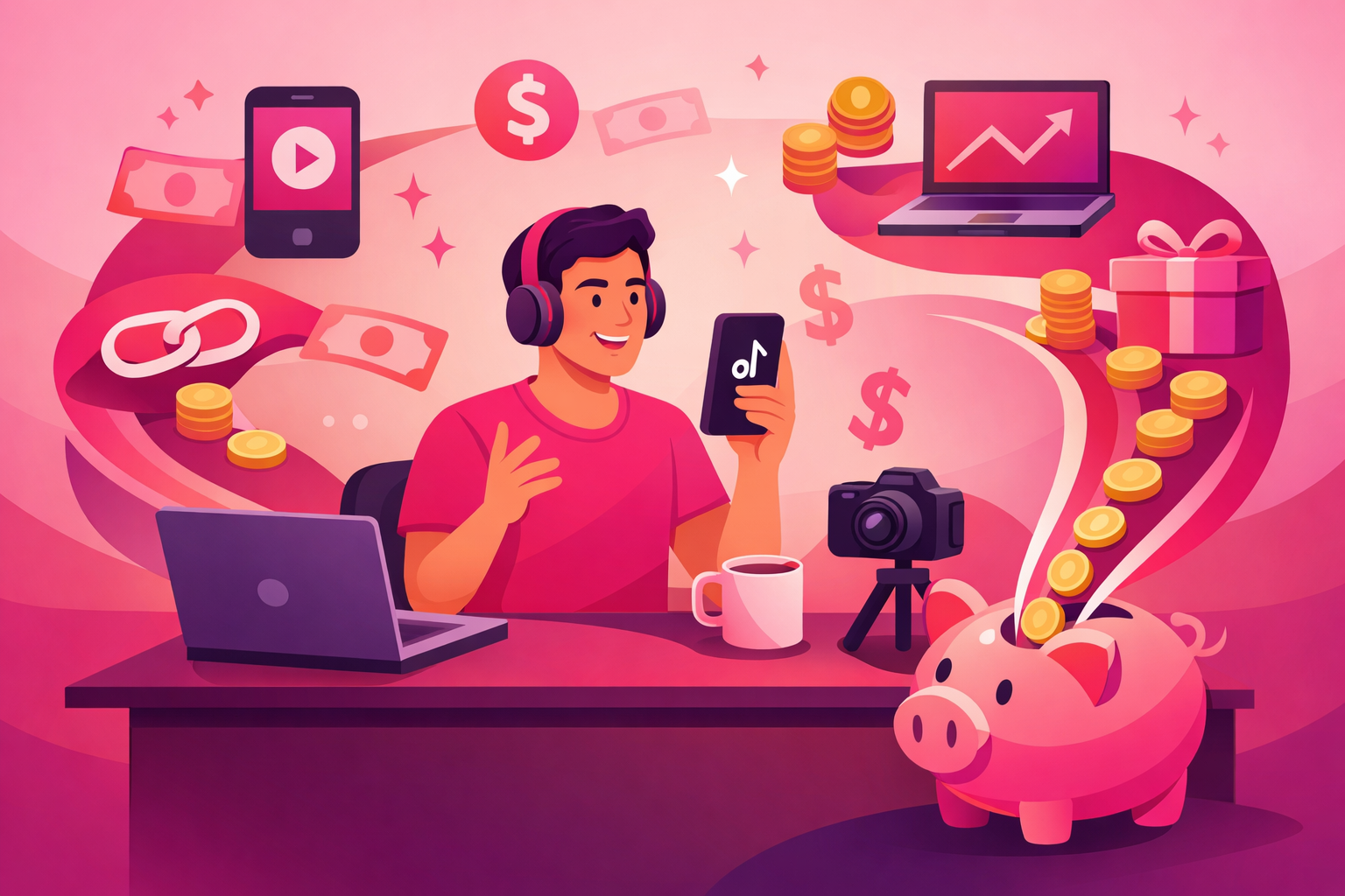 A flat illustration of a tech creator at a desk surrounded by floating dollar signs, smartphones, laptops, and revenue streams flowing into a piggy bank, with pink and purple gradient tones representing multiple tech monetization sources