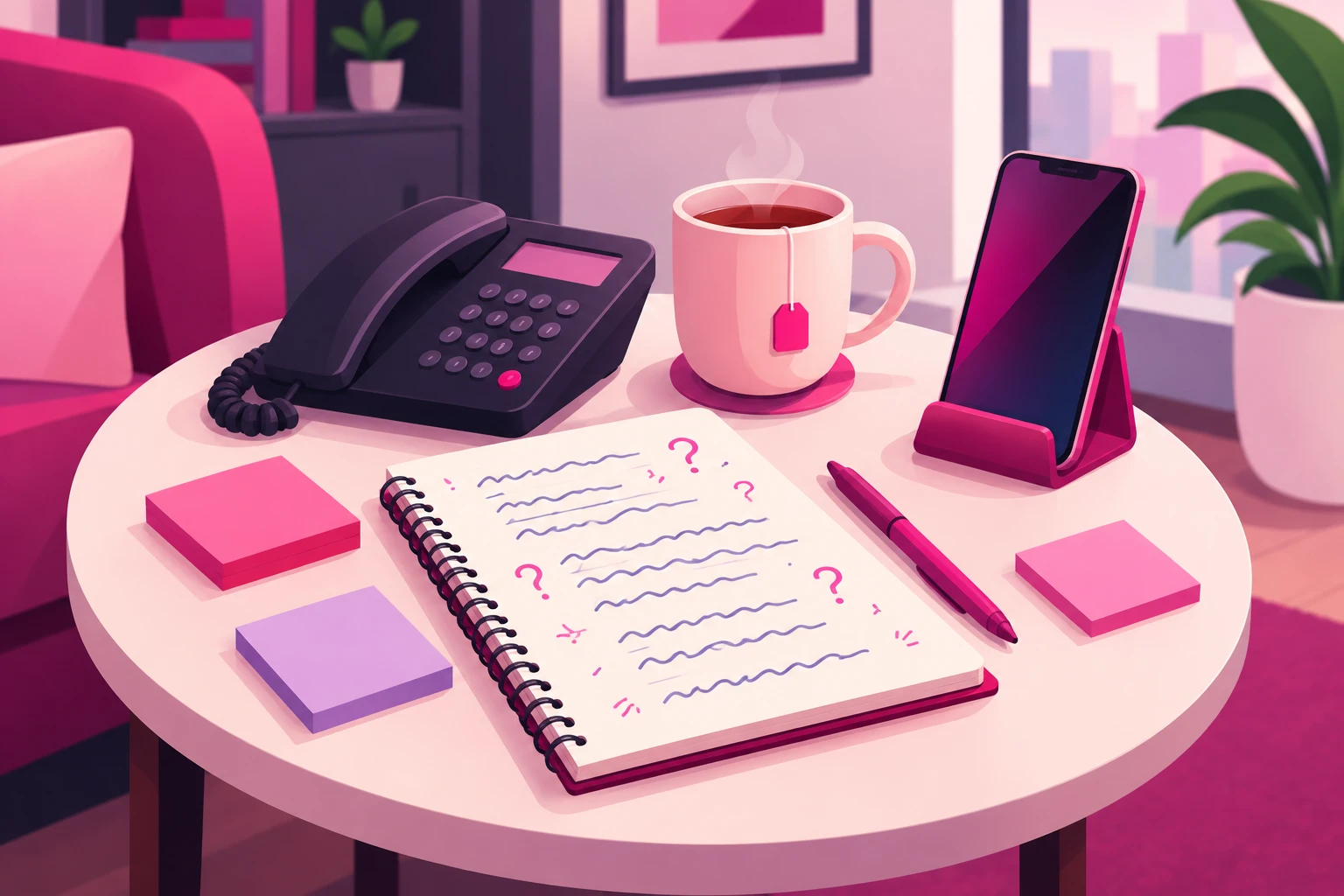 An illustration of an open spiral notebook on a round side table in a counseling office, its page filled with handwritten scribble lines and small doodled question marks, beside a desk phone, a mug of tea, pink and lavender sticky notes, and a smartphone standing in a small holder