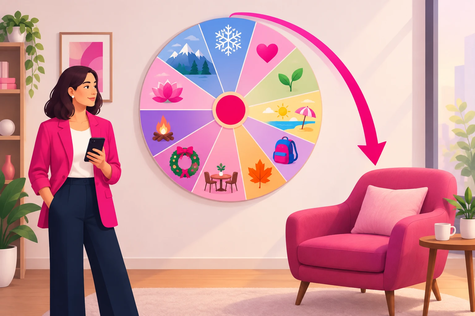 An illustration of a large circular twelve-segment year wheel on a counseling office wall, each segment holding a small seasonal icon such as a snowflake, a heart, a green sprout, a sun and beach umbrella, a school backpack, an autumn leaf, a dinner table, and a holiday wreath, with a therapist holding a phone beside it and a pink arrow sweeping from the wheel toward a cozy pink armchair