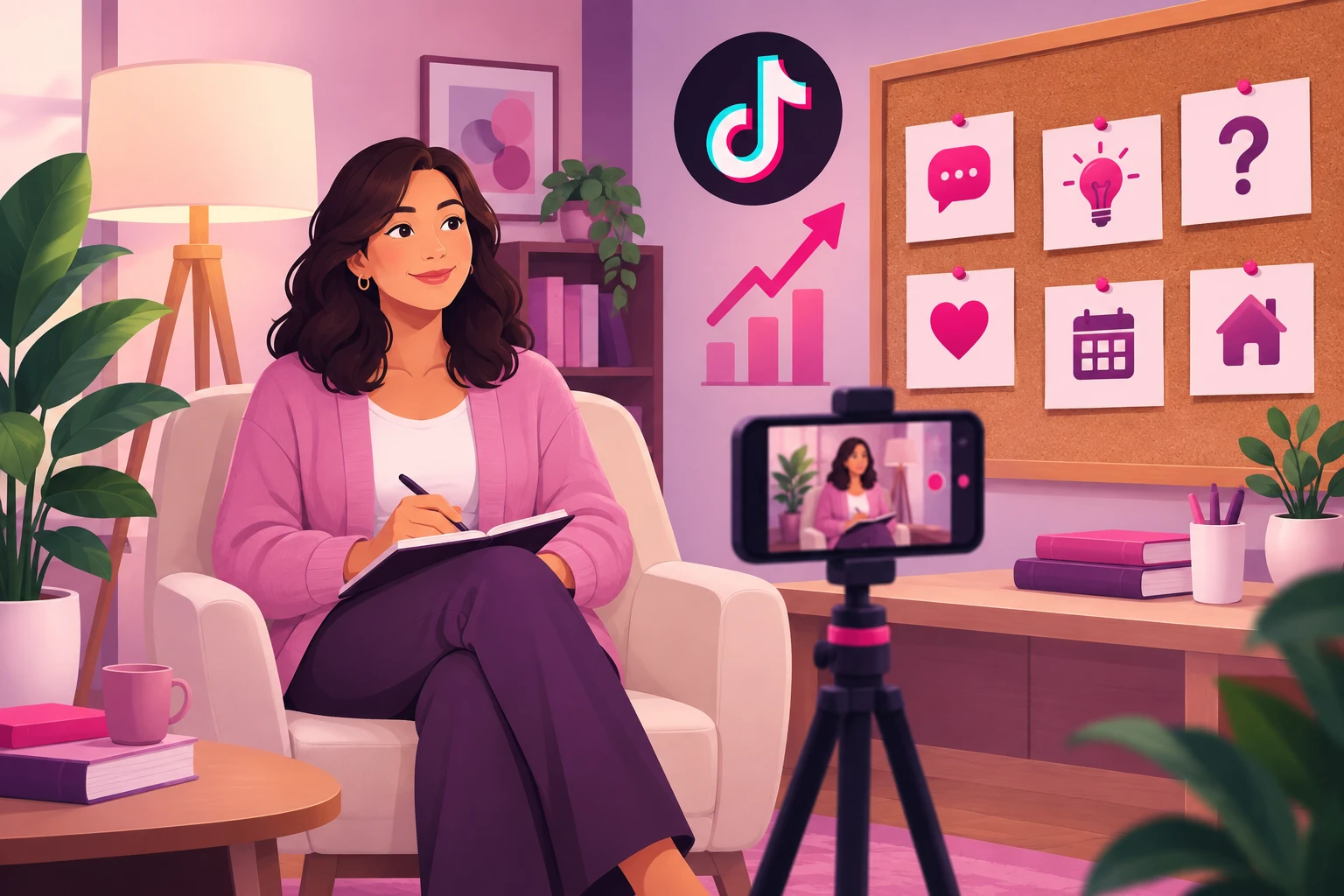An illustration of a therapist in a pink cardigan seated in an armchair in a warm, plant-filled counseling office, notebook on her lap, beside a corkboard of pinned index cards each carrying a small icon for a different video idea, with a smartphone on a tripod framing the scene